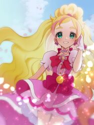  1girl blonde_hair blue_background blush bow cowboy_shot cure_flora dot_nose earrings flower flower_brooch flower_earrings flower_necklace gloves go!_princess_precure green_eyes haruno_haruka highres jewelry legs_together light_particles long_hair looking_at_viewer magical_girl multicolored_hair necklace petals petticoat pink_bow pink_hair pink_skirt precure puffy_sleeves shigen_pr skirt smile solo standing streaked_hair thick_eyebrows two-tone_hair waist_bow waist_brooch white_gloves 