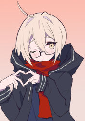  1girl ahoge artoria_pendragon_(fate) blonde_hair blush coat fate/grand_order fate_(series) glasses heart heart_hands highres mysterious_heroine_x_alter_(fate) one_eye_closed scarf wink yellow_eyes  rating:Sensitive score:7 user:LuccaAshtear12