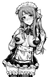 1girl absurdres blush breasts covered_erect_nipples gggg gloves greyscale heart_pasties highres large_breasts long_hair looking_at_viewer maid_headdress minamoto_sakura monochrome parted_lips pasties simple_background solo standing sweatdrop thighhighs wet white_background zombie_land_saga rating:Questionable score:25 user:danbooru
