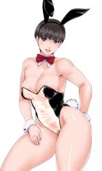 1girl animal_ears bare_shoulders black_hair bow bowtie breasts cleavage cowboy_shot detached_collar fake_animal_ears female_pubic_hair grin highres leotard matoyama meme_attire original pinup_(style) playboy_bunny pubic_hair rabbit_ears rabbit_tail see-through short_hair simple_background smile solo tail translucent_bunnysuit white_background wrist_cuffs 