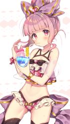  1girl back_bow bare_shoulders bikini black_bow black_bowtie black_thighhighs blunt_bangs bow bowtie breasts brooch cleavage cocktail_glass collarbone commentary_request cowboy_shot cup detached_sleeves drink drinking drinking_glass flower food frilled_bikini frills fruit gold_bracelet granblue_fantasy hair_bow hair_bun hair_ornament hand_in_own_hair heart heart_brooch heart_hair_ornament holding holding_drink jewelry lemon lemon_slice light_brown_hair linaria_(granblue_fantasy) pink_bikini pink_bow pink_eyes pink_flower pink_hair plaid plaid_bikini plaid_bow puffy_short_sleeves puffy_sleeves purple_bow see-through see-through_sleeves short_hair short_sleeves simple_background single_hair_bun small_breasts solo swimsuit thighhighs usamata wavy_hair white_background wrist_bow yellow_bow 