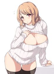 1girl black_thighhighs blonde_hair blush breasts cleavage cleavage_cutout clothing_cutout flying_sweatdrops hand_on_own_chest large_breasts looking_at_viewer meme_attire moisture_(chichi) naked_sweater open-chest_sweater original plump red_eyes ribbed_sweater short_hair simple_background solo sweater thighhighs turtleneck zettai_ryouiki rating:Sensitive score:99 user:danbooru