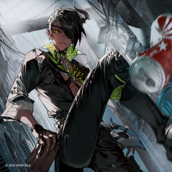  1boy absurdres aragami_oga black_hair black_jacket black_pants can commentary_request copyright_notice dark-skinned_male dark_skin drink_can earrings eyelashes eyepatch fingerless_gloves from_below glaring gloves glowing glowing_eyes green_eyes hair_over_one_eye highres holostars horns jacket jewelry kicking leg_up looking_at_viewer male_focus motion_blur mura_karuki official_art padded_jacket pants sharp_teeth short_hair single_horn solo teeth virtual_youtuber yellow_eyes 
