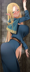  1girl against_wall arm_up blonde_hair blue_capelet blue_robe blush breasts capelet choker dungeon_meshi elf green_eyes highres hood hooded_capelet kippuru large_breasts long_hair long_sleeves looking_at_viewer marcille_donato pointy_ears robe solo steaming_body sweat 
