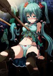 1boy 1girl aqua_eyes arm_tattoo arms_behind_back bdsm black_thighhighs blush bondage bound bound_legs bound_wrists bow bow_panties chair china_dress chinese_clothes cleavage_cutout clothing_cutout crying cuffs dart dress drumsticks emerald_(module) green_dress green_panties handcuffs hatsune_miku highres lace lace-trimmed_legwear lace_trim long_hair navel number_tattoo panties project_diva_(series) rope side-tie_panties sitting suigyoku_(module) tattoo tears thighhighs torn_clothes torn_dress torn_legwear tsukishiro_saika twintails underwear vocaloid rating:Questionable score:44 user:danbooru