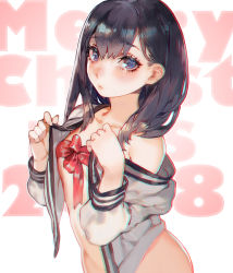 10s 1girl 2018 aoin black_hair blue_eyes blush bottomless chromatic_aberration collarbone commentary_request gridman_universe hair_between_eyes hands_up long_hair long_sleeves looking_at_viewer merry_christmas off_shoulder open_clothes open_shirt red_ribbon ribbon ribbon_bra shirt solo ssss.gridman takarada_rikka upper_body white_shirt rating:Questionable score:17 user:danbooru