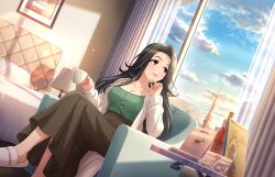  1girl bed black_hair blue_eyes breasts building cleavage cloud cup forehead game_cg idolmaster idolmaster_cinderella_girls idolmaster_cinderella_girls_starlight_stage lamp lips long_skirt mug official_art picture_frame sitting skirt slippers solo takahashi_reiko window 
