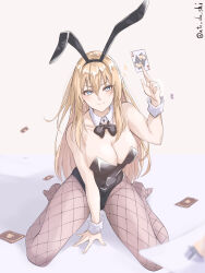  1girl absurdres alternate_costume animal_ears atodashi bismarck_(kancolle) black_hairband black_leotard blonde_hair blue_eyes bow bowtie breasts card cleavage covered_navel detached_collar fake_animal_ears fishnet_pantyhose fishnets hairband highleg highleg_leotard highres holding holding_card kantai_collection large_breasts leotard long_hair looking_at_viewer pantyhose playboy_bunny playing_card rabbit_ears smile solo strapless strapless_leotard traditional_bowtie very_long_hair wrist_cuffs 
