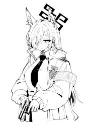 1girl animal_ear_fluff animal_ears armband blue_archive bobonasudan breasts closed_mouth cocking_gun dog_ears dress_shirt extra_ears fang gloves greyscale gun hair_over_one_eye halo handgun highres holding holding_gun holding_weapon jacket kanna_(blue_archive) large_breasts long_bangs long_sleeves monochrome necktie notched_ear open_clothes open_jacket pencil_skirt shirt shirt_tucked_in simple_background skirt solo tie_clip trigger_discipline weapon