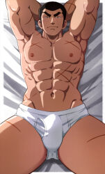 1boy abs armpits arms_behind_head bara black_hair briefs bulge duke_tougou erection erection_under_clothes golgo_13 harano_hiroshi looking_at_viewer lying male_focus male_underwear mature_male multiple_scars muscular muscular_male on_back on_bed pectorals scar solo thick_eyebrows thighs topless_male underwear white_male_underwear rating:Questionable score:4 user:danbooru