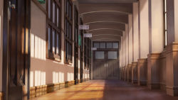 absurdres chinese_commentary commentary door english_commentary hallway highres mixed-language_commentary no_humans original scenery school shade sign sunlight window wooden_floor yi_wenbiao rating:General score:3 user:danbooru