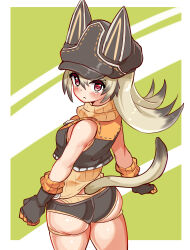  1girl animal_ears ass bare_shoulders black_hair blush booty_shorts breasts cabbie_hat cat_ears cat_tail cougar_(cougar1404) from_above from_behind gloves gradient_hair hat long_hair looking_at_viewer looking_back looking_up medium_breasts multicolored_hair original red_eyes short_shorts shorts sideboob solo tail tank_top 