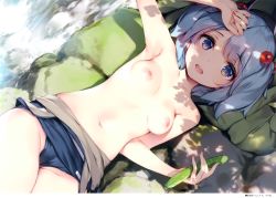 1girl absurdres arm_up armpits blue_eyes blue_hair blue_one-piece_swimsuit breasts clothes_pull cucumber dappled_sunlight hair_bobbles hair_ornament highres kawashiro_nitori ke-ta loli looking_at_viewer lying navel nipples non-web_source on_back one-piece_swimsuit one-piece_swimsuit_pull open_mouth outdoors scan school_swimsuit short_hair small_breasts solo sunlight sweat swimsuit teeth thighs touhou upper_teeth_only water rating:Questionable score:191 user:danbooru