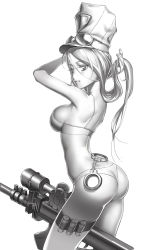  1girl ass bandolier bikini breasts caitlyn_(league_of_legends) cuffs goggles gtfrog9999 gun handcuffs hat league_of_legends long_hair looking_back monochrome officer_caitlyn parted_lips police police_uniform policewoman skindentation solo sp.magaet straddling swimsuit thigh_strap uniform weapon 