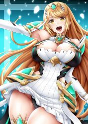  1girl :d arm_up armpits bare_shoulders black_panties blonde_hair breasts circlet cleavage_cutout clothing_cutout core_crystal_(xenoblade) cowboy_shot dateo dress elbow_gloves gloves large_breasts long_hair looking_at_viewer mythra_(xenoblade) open_mouth panties pantyshot smile solo swept_bangs teeth underwear upper_teeth_only very_long_hair white_dress xenoblade_chronicles_(series) xenoblade_chronicles_2 yellow_eyes 