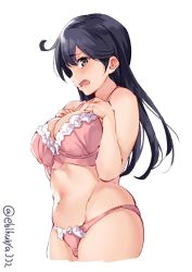 1girl ahoge bare_shoulders black_hair bra breasts cleavage ebifurya frilled_bra frilled_panties frills from_side hands_on_own_chest highres kantai_collection large_breasts long_hair looking_at_viewer navel open_mouth panties pink_bra pink_panties simple_background solo stomach thighs twitter_username underwear underwear_only ushio_(kancolle) wavy_mouth white_background rating:Sensitive score:12 user:danbooru