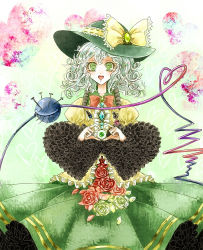  1girl bad_id bad_pixiv_id bow bowtie brooch embellished_costume eyeball female_focus flower frilled_sleeves frills gathers green_eyes green_flower green_rose hat hat_bow heart heart-shaped_pupils heart_of_string jewelry komeiji_koishi nail okisute open_mouth pin red_flower red_rose rose short_hair skirt solo symbol-shaped_pupils third_eye too_many touhou 