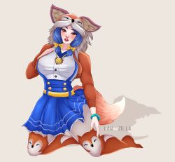 1girl amaterasu_(ookami) blue_hair fox highres law-zilla skirt smite solo  rating:Sensitive score:6 user:n7Yuzuri
