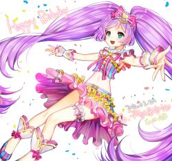  1girl :d ahoge bow bridal_garter confetti cropped_shirt dated full_body gambe happy_birthday idol_clothes korean_text long_hair manaka_laala midriff neck_ribbon open_mouth outstretched_arms pink_bow pink_ribbon pink_skirt pretty_series pripara purple_hair ribbon shoes skirt smile solo spread_arms standing third-party_source twintails very_long_hair white_background wrist_cuffs 