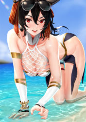  1girl all_fours animal_ears backless_outfit bare_shoulders beach black_hair breasts bridal_gauntlets cleavage collarbone erune eyewear_on_head granblue_fantasy hair_between_eyes ilsa_(granblue_fantasy) kazakami_yuu large_breasts long_hair looking_at_viewer one-piece_swimsuit open_mouth red_eyes ribbon solo sunglasses swimsuit water 