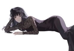  1girl black_dress black_eyes black_hair closed_mouth dress feet_out_of_frame hand_in_own_hair hand_on_own_head hashtag_only_commentary head_rest highres lace lace-trimmed_veil lace_sleeves lace_trim long_hair long_sleeves looking_at_viewer lying on_side osaragi_(sakamoto_days) sakamoto_days see-through see-through_sleeves simple_background solo veil white_background yuake 