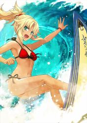 1girl artist_request bikini blonde_hair breasts fate/grand_order fate_(series) green_eyes hair_ribbon mordred_(fate) mordred_(fate/apocrypha) ponytail ribbon side-tie_bikini_bottom small_breasts solo source_request surfboard surfing swimsuit tan  rating:Questionable score:17 user:basby