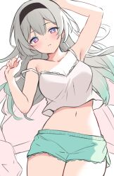  1girl aqua_shorts arm_up armpits bare_arms bare_shoulders black_hairband breasts camisole cleavage collarbone commentary crop_top english_commentary firefly_(honkai:_star_rail) gradient_hair green_hair grey_hair hair_between_eyes hairband hand_up highres hitsukuya honkai:_star_rail honkai_(series) looking_at_viewer medium_breasts midriff multicolored_hair navel parted_lips red_eyes short_shorts shorts solo strap_slip white_background white_camisole 