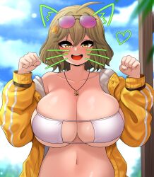  1girl absurdres ahoge anis_(nikke) anis_(sparkling_summer)_(nikke) bikini blue_sky breasts brown_hair cleavage clenched_hand cloud cloudy_sky collarbone day goddess_of_victory:_nikke hair_between_eyes highres huge_breasts jacket jewelry looking_at_viewer medium_hair navel necklace open_clothes open_jacket open_mouth outdoors paw_pose sky smile solo sunglasses swimsuit teeth the_only_shoe tongue upper_body upper_teeth_only white_bikini  rating:Sensitive score:23 user:danbooru