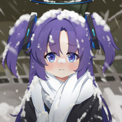  1girl absurdres artist_name black_jacket blue_archive blue_eyes blush commentary english_commentary gevuxx halo highres husbant_(meme) jacket long_hair looking_at_viewer meme purple_hair scarf snow_on_body snow_on_head snowing solo two_side_up white_scarf yuuka_(blue_archive)  rating:General score:14 user:danbooru
