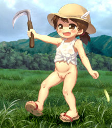  1girl blush bottomless brown_hair cleft_of_venus fat_mons feet flat_chest hat highres kurotsuki_(luowei99) loli no_panties original outdoors pussy sandals scythe smile solo tagme toes uncensored  rating:Explicit score:86 user:Twistedwon