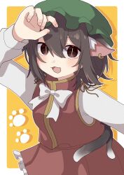  1girl :3 :d animal_ear_fluff animal_ear_piercing animal_ears arm_up blush border bow bowtie brown_eyes brown_hair cat_ears cat_tail chen commentary_request cowboy_shot dot_nose double-parted_bangs earrings fang fingernails frills hair_between_eyes hat highres jewelry looking_at_viewer mob_cap multiple_tails nekomata open_mouth outside_border paw_print paw_print_background petticoat red_skirt red_vest short_hair single_earring skirt skirt_set slit_pupils smile solo tail touhou two_tails vest white_border white_bow white_bowtie yellow_background yuzupon_(yuzuponpon) 