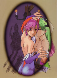  1990s_(style) 3girls arm_up ass bare_shoulders bengus black_leotard black_wings breast_press breasts bridal_gauntlets bulleta candlelight demon_girl different_reflection dog flat_chest green_eyes green_hair harry_(vampire) head_wings leotard lilith_aensland long_hair looking_at_viewer medium_breasts mirror morrigan_aensland multiple_girls non-web_source official_art open_mouth parted_lips purple_eyes purple_hair red_leotard red_wings reflection retro_artstyle scan short_hair standing strapless strapless_leotard vampire_(game) wings  rating:General score:4 user:danbooru