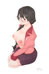  absurdres bakemonogatari between_legs black_hair blush braid breasts breasts_out glasses hair_ornament hair_over_shoulder hairclip hand_between_legs hanekawa_tsubasa highres invisible_chair large_areolae large_breasts long_hair looking_at_viewer monogatari_(series) nipples nose_blush open_clothes open_shirt pleated_skirt red_eyes school_uniform shirt simple_background single_braid sitting skirt solo twin_braids very_long_hair white_background yueguang_zhanglang  rating:Questionable score:25 user:danbooru