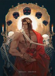  1boy artist_name black_hair bracelet candle candlestand commentary dark_background dated emperor_of_mankind english_commentary fire flower ginias glowing glowing_eyes gold gold_ring highres holding hug jewelry laurel_crown long_hair male_focus muscular muscular_male nipples red_eyes red_flower red_robe red_rose robe rose signature skeleton skull solo sun_behind_head warhammer_40k 