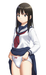  1girl adjusting_clothes adjusting_panties black_eyes black_hair blue_sailor_collar blue_skirt bow bow_panties closed_mouth clothes_lift commentary cowboy_shot crotch_seam empty_eyes expressionless highres lifted_by_self long_hair long_sleeves looking_at_viewer maburu_(lojyq1eur3e8bit) medium_skirt neckerchief original panties red_neckerchief sailor_collar shirt simple_background skirt skirt_lift solo straight_hair underwear white_background white_panties white_shirt  rating:Sensitive score:10 user:danbooru