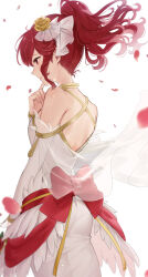  1girl anna_(bridal)_(fire_emblem) anna_(fire_emblem) ass backless_dress backless_outfit bare_shoulders closed_mouth detached_sleeves dress fire_emblem fire_emblem_awakening fire_emblem_heroes floating_hair from_behind hair_ornament haru_(nakajou-28) highres index_finger_raised long_hair nintendo official_alternate_costume petals ponytail profile red_eyes red_hair see-through sidelocks simple_background smile solo wedding_dress white_background 