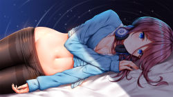 1girl bed_sheet blue_cardigan blue_eyes blush breasts brown_hair cardigan cardigan_lift cleavage closed_mouth commentary_request crotch_seam go-toubun_no_hanayome gradient_background groin hair_between_eyes headphones headphones_around_neck highres long_hair long_sleeves looking_at_viewer lying medium_breasts midriff nakano_miku navel no_pants on_side pantyhose purple_background skindentation sleeves_past_wrists smile solo stomach thighband_pantyhose wsman rating:Sensitive score:104 user:danbooru