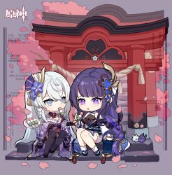  2girls absurdres architecture bare_legs blue_eyes blue_hair blunt_bangs braid cherry_blossoms chibi chinese_commentary commentary_request commission couple dango east_asian_architecture falling_petals food food_in_mouth genshin_impact hair_between_eyes hair_ornament highres holding holding_food japanese_clothes light_blue_hair long_hair looking_down looking_to_the_side mole mole_under_eye multiple_girls open_mouth original outdoors petals purple_eyes purple_hair raiden_shogun single_braid sitting sitting_on_stairs stairs stone_stairs wagashi yuri zhugongjuxiangzhuxiaolin 