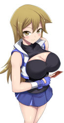  1girl bare_shoulders blonde_hair blue_gloves blue_skirt blush breasts card cleavage closed_mouth duel_academy_uniform_(yu-gi-oh!_gx) female_focus fingerless_gloves gloves hair_between_eyes highres holding holding_card kasai_shin large_breasts long_hair matching_hair/eyes simple_background skirt smile solo tenjouin_asuka white_background yellow_eyes yu-gi-oh! yu-gi-oh!_gx yu-gi-oh_(card) 