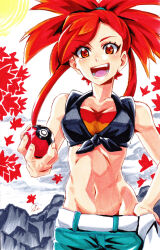  1girl absurdres breasts cleavage creatures_(company) flannery_(pokemon) game_freak hand_on_own_hip highres hip_bones holding holding_poke_ball looking_at_viewer medium_breasts midriff mikkusushi navel nintendo open_mouth poke_ball poke_ball_(basic) pokemon pokemon_oras red_eyes red_hair shirt solo sparkle tied_shirt 