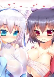  2girls animal_ears bare_shoulders bell black_hair blue_eyes blush breast_press breasts cat_ears cat_tail fang hair_bell hair_ornament japanese_clothes jewelry kane-neko kimono large_breasts long_hair multiple_girls necklace original red_eyes short_hair symmetrical_docking tail white_hair yukata yuri  rating:Questionable score:18 user:deoxew