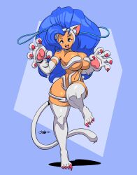  1girl animal_ears big_hair blue_background blue_eyes blue_hair breasts cat_ears cat_girl cat_tail claw_pose claws felicia_(vampire) full_body huge_breasts joao_pereira matching_hair/eyes navel open_mouth revealing_clothes smile solo standing standing_on_one_leg tail teeth tongue vampire_(game)  rating:Questionable score:6 user:DarkToonLink