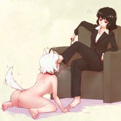 2girls animal_ears ass barefoot black_hair blush breasts cameltoe closed_mouth collar contemporary dog_ears dog_tail feet femdom foot_on_head foot_worship formal highres inubashiri_momiji kuro_ari_(pixiv) leash licking licking_foot looking_at_another maebari medium_breasts multiple_girls nude pants pet_play red_eyes shameimaru_aya short_hair sitting small_breasts suit tail tail_wagging tongue tongue_out touhou white_hair wolf_ears wolf_tail yuri rating:Explicit score:103 user:danbooru