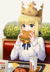  1girl absurdres artoria_pendragon_(all) artoria_pendragon_(fate) blonde_hair booth_seating brand_name_imitation burger burger_king commentary crown cup disposable_cup eating english_commentary fast_food fate/stay_night fate_(series) food french_fries green_eyes highres restaurant saber_(fate) sasoura solo sparkle table tray whopper  rating:General score:73 user:danbooru