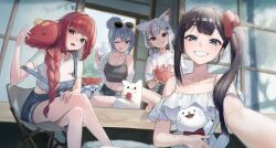  4girls :d :q :t absurdres akane_lize arahashi_tabi architecture bare_shoulders black_eyes blue_eyes blue_hair blue_overalls blue_shorts blunt_bangs blush bow brown_hair camisole cat chair chewing closed_mouth collarbone crop_top denim_overalls dress east_asian_architecture eyewear_on_head feet_out_of_frame food fruit grey_camisole grin hair_bow hair_bun hair_ornament hair_over_shoulder hairpin head_tilt heart heart_hair_ornament highres holding holding_food holding_fruit laza_(0ldsong) leaning_to_the_side long_hair looking_at_viewer low-braided_long_hair low-tied_long_hair midriff multicolored_hair multiple_girls navel neneko_mashiro off-shoulder_dress off_shoulder one_eye_closed open_mouth outdoors overalls red_bow red_eyes red_hair selfie shirayuki_hina shirt short_sleeves shorts side_ponytail sitting smile stellive stomach strap_slip streaked_hair sunglasses tongue tongue_out virtual_youtuber watermelon white_dress white_hair white_shirt 