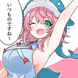 1girl ;d absurdres adapted_costume animal_hat arm_up armpits blue_hat blue_shirt breasts collared_shirt green_eyes hat highres large_breasts okunoda_miyoi one_eye_closed open_mouth pink_hair shiki_karin shirt sideboob sleeveless sleeveless_shirt smile solo touhou translation_request whale_hat  rating:Sensitive score:10 user:danbooru
