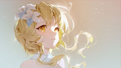  1girl absurdres bare_shoulders blonde_hair floating_hair flower genshin_impact gradient_background hair_flower hair_ornament highres light_particles looking_to_the_side lumine_(genshin_impact) parted_lips short_hair short_hair_with_long_locks sidelocks simple_background solo white_flower yellow_eyes yuchenz34382399  rating:General score:4 user:RiroDouribu