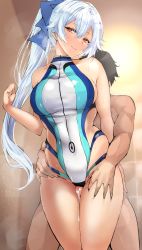 1boy 1girl absurdres agetama bangs bare_shoulders black_hair blue_swimsuit blush breasts clothed_female_nude_male commentary_request competition_swimsuit cowboy_shot cum cum_on_body cumdrip eyebrows_visible_through_hair fate/grand_order fate_(series) fujimaru_ritsuka_(male) grinding hair_between_eyes head_tilt highleg highleg_swimsuit highres long_hair looking_at_viewer medium_breasts multicolored multicolored_clothes multicolored_swimsuit nude one-piece_swimsuit penis ponytail red_eyes short_sleeves sideboob silver_hair skindentation smile solo_focus swimsuit thigh_grab thigh_sex tomoe_gozen_(fate) tomoe_gozen_(swimsuit_saber)_(fate) two-tone_swimsuit uncensored wet white_swimsuit