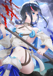  1girl absurdres bare_shoulders black_hair blue_eyes blue_ribbon breasts collarbone detached_leggings dress fate/grand_order fate_(series) fundoshi highres japanese_clothes jewelry long_sleeves magatama magatama_hair_ornament magatama_necklace medium_hair multicolored_hair necklace pelvic_curtain pink_hair puffy_long_sleeves puffy_sleeves ribbon seigaiha short_dress sideboob sideless_outfit sidelocks solo streaked_hair thighs two-sided_fabric two-sided_skirt user_damt5337 utsumi_erice white_dress 