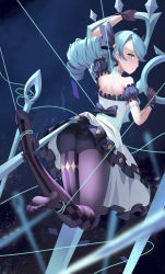 1girl absurdres ass bare_shoulders bingchuan_xian_yu_huang black_bow black_dress black_footwear black_gloves black_shorts bow clothes_lift dress dress_lift drill_hair from_behind gloves green_hair grey_pantyhose gwen_(league_of_legends) hair_bow high_heels highres holding holding_scissors league_of_legends looking_at_viewer multicolored_background needle no_shoes pantyhose puffy_short_sleeves puffy_sleeves scissors sewing_needle short_sleeves shorts smile striped_clothes striped_pantyhose twin_drills twintails white_dress rating:Sensitive score:16 user:danbooru